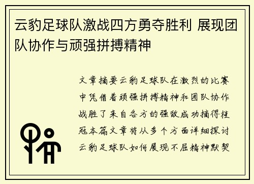 云豹足球队激战四方勇夺胜利 展现团队协作与顽强拼搏精神