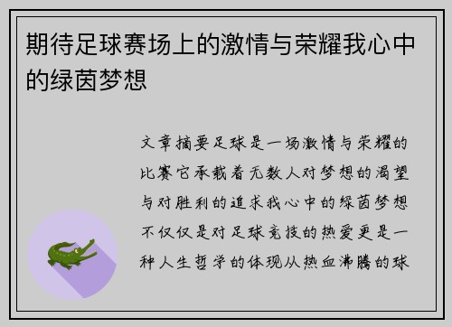 期待足球赛场上的激情与荣耀我心中的绿茵梦想