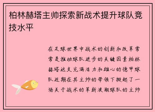 柏林赫塔主帅探索新战术提升球队竞技水平