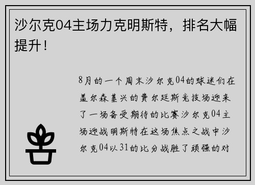 沙尔克04主场力克明斯特，排名大幅提升！