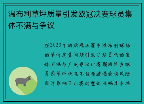 温布利草坪质量引发欧冠决赛球员集体不满与争议